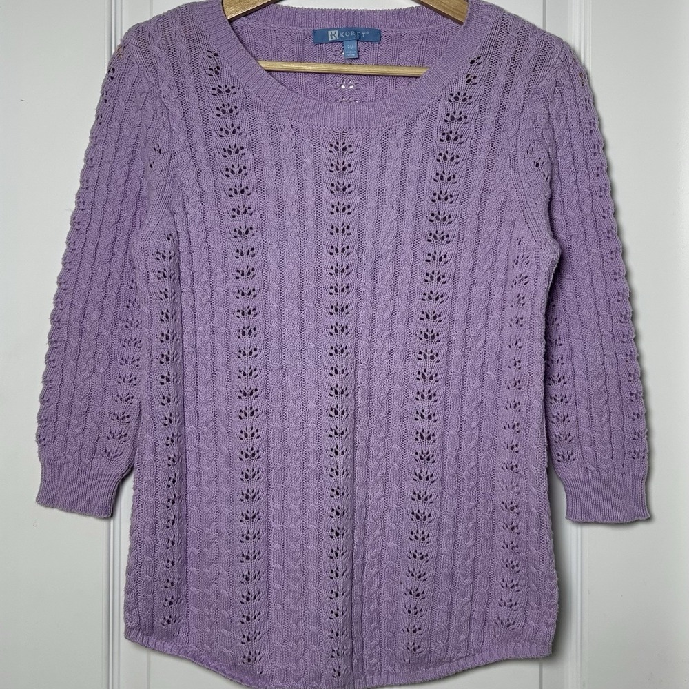 Koret Vintage 80s Cotton Blend‎ Lavender Cable Knit Eyelet Crew Neck Sweater